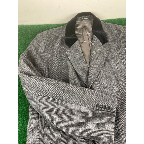 Vintage Wool Herringbone Tweed Overcoat Mens Black Velvet Collar Made in England